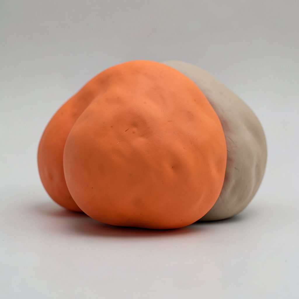 A clay-model abstract composition of interlocking rounded links in muted beige and terracotta, evoking connection and continuity