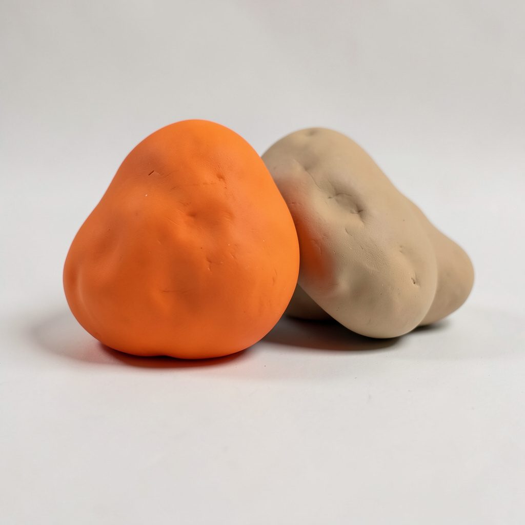 A softly lit clay-model composition of organic rounded forms in warm earth tones, suggesting growth and seasonal transformation
